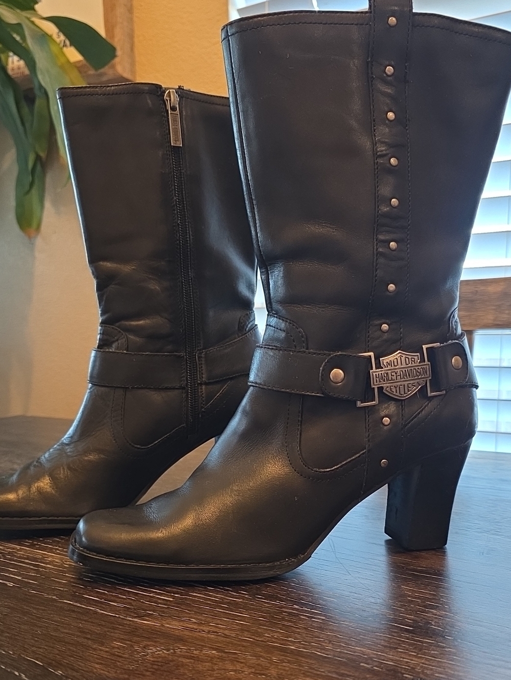 Harley-Davidson Black Leather Stud-Accented Mid-Calf Heel Boots
